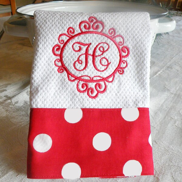 Monogrammed Kitchen Towel - Red with White Polka Dots Towel