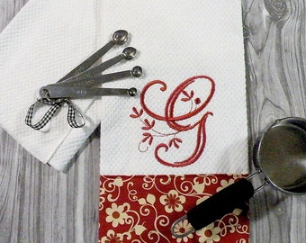 Monogrammed Kitchen Towel, Monogrammed Towel, Kitchen Towel - Brick Red Floral