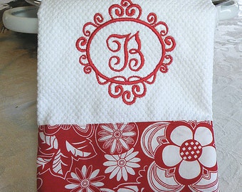 Monogrammed Kitchen Towel, Personalized Dish Towel, Red Floral