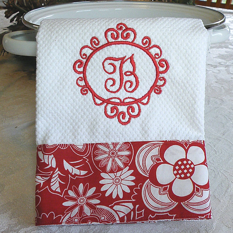 Monogrammed Kitchen Towel Personalized Dish Towel Red Floral Etsy