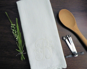 Monogrammed Dish Towel, Monogrammed Kitchen Towel White Crocheted Edge Towel