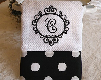 Monogrammed Kitchen Towel, Personalized Dish Towel, Black with Large White Dots