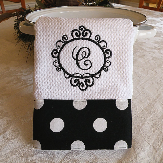 Monogrammed Kitchen Towel, Personalized Dish Towel, Black With Large White  Dots 