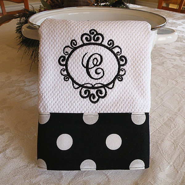 Monogrammed Kitchen Towel, Personalized Dish Towel, Black with Large White Dots