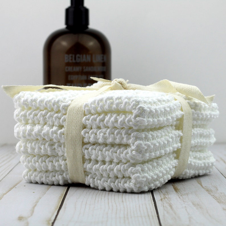 White Cotton Hand Knit Dishcloths Set of 3 image 1