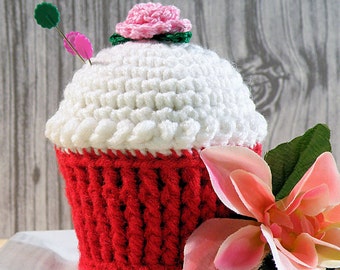 Cupcake Pincushion, Pincushion, Crocheted Cupcake Red Velvet