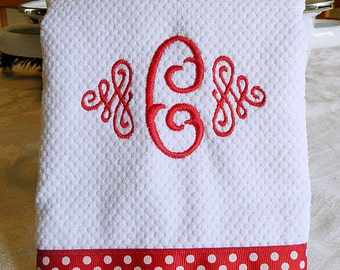 Monogrammed Kitchen Towel, Dish Towel, Red with White Dots