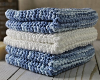 Hand Knitted Cotton Dish Cloths - Eco-Friendly Cleaning  - Faded Denim