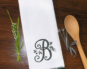 Monogrammed Kitchen Towel, Monogrammed Dish Towel Holly Green Crocheted Edge Towel