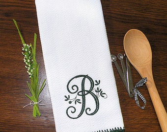 Monogrammed Kitchen Towel, Monogrammed Dish Towel Holly Green Crocheted Edge Towel