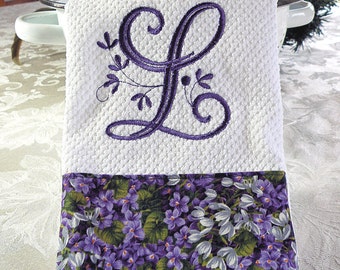 Serviette de cuisine monogramme, serviette monogramme fleuri violet