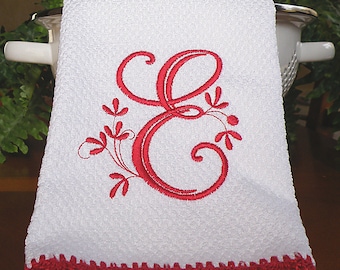 Monogrammed Kitchen Towel, Monogrammed Dish Towel, Red Crocheted Edge Towel,