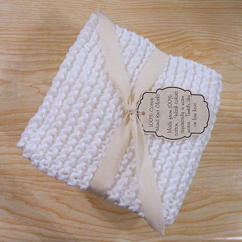 White Cotton Hand Knit Dishcloths Set of 3 image 4