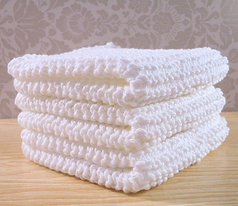 White Cotton Hand Knit Dishcloths Set of 3 image 5
