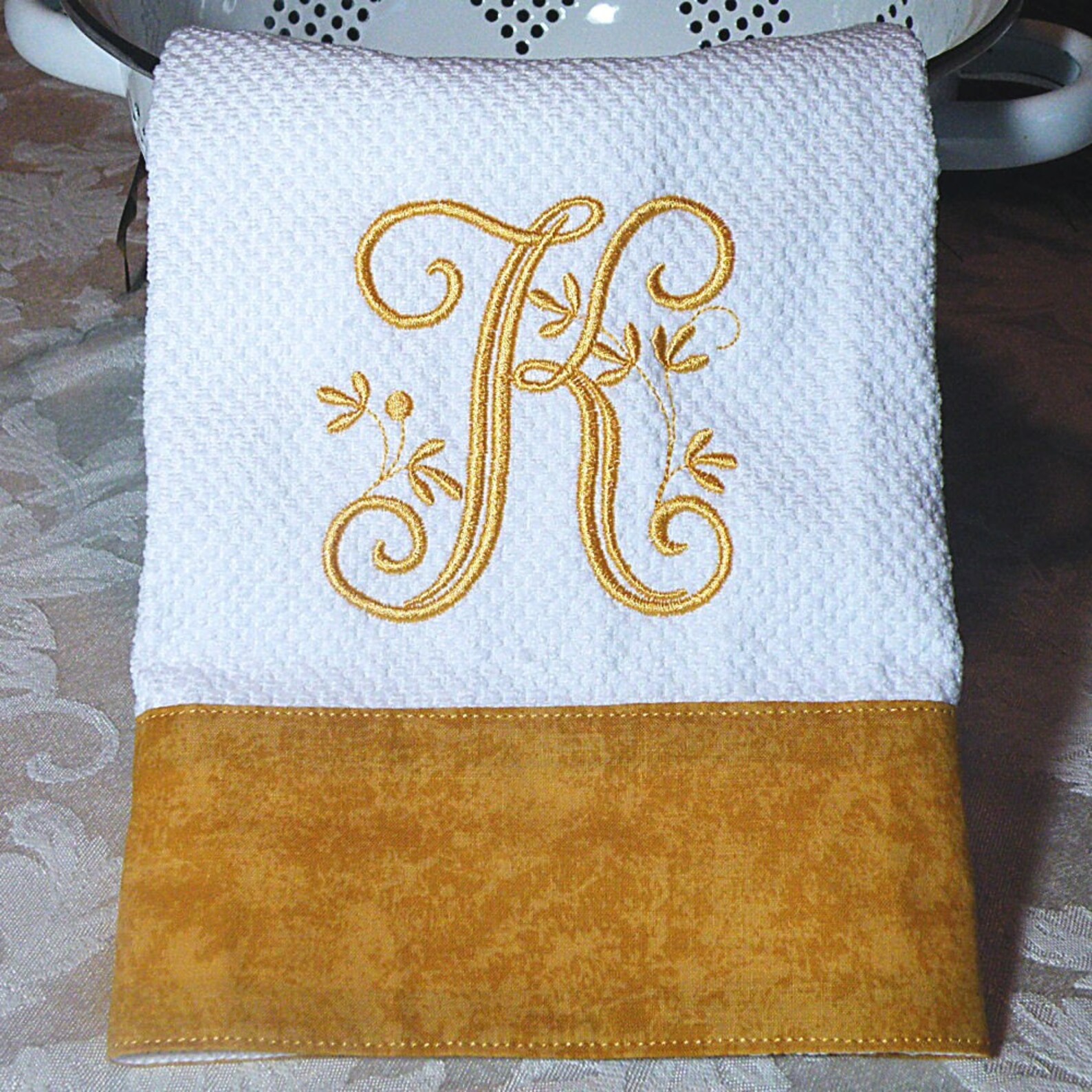 Monogrammed Kitchen Towel With Gold Trim Etsy