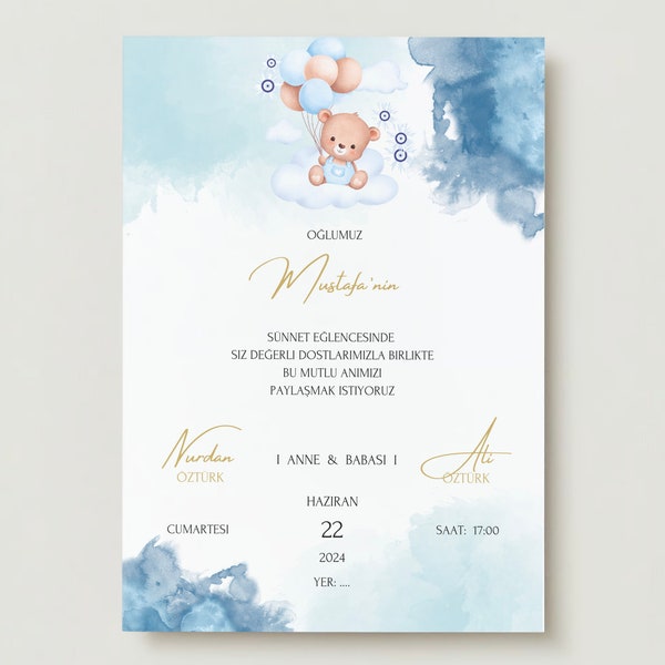 Sünnet Düğün Davetiyesi, Circumcision Ceremony Invitation Cards, Personalized, Digital or Printed