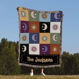 Custom Celestial Woven Blanket - Sun and Moon Personalized Throw, Astrology Tapestry, Starry Boho Gift for Family or Couple