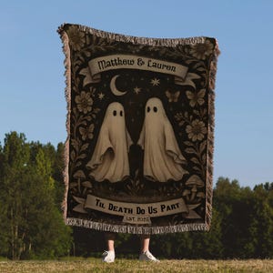 Til Death Do Us Part Woven Blanket, Personalized Ghost Couple Blanket, Gothic Wedding Gift, Custom Spooky Anniversary Gift, Anniversary Gift