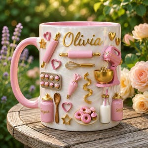 May include: A white ceramic mug with a pink handle and rim, decorated with baking-themed embellishments. Features a pink mixer, rolling pins, hearts, stars, and the name "Olivia" in gold lettering. Includes miniature donuts, cupcakes, and sugar jars.