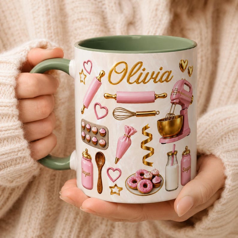 May include: A white ceramic mug with a sage green interior and handle, featuring the name Olivia in gold script. The mug is decorated with pink and gold baking-themed illustrations, including a stand mixer, rolling pin, whisk, piping bag, and donuts.
