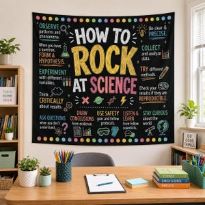 May include: A black wall tapestry featuring the text HOW TO ROCK AT SCIENCE in large yellow and pink letters. The design includes educational science steps like observe patterns, form a hypothesis, and experiment, accompanied by colorful icons.