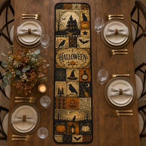 Halloween Quilted Tablecloth, Haunted House Table Decor, Black Cat Pumpkin Runner, Vintage Gothic Fall Kitchen Decoration