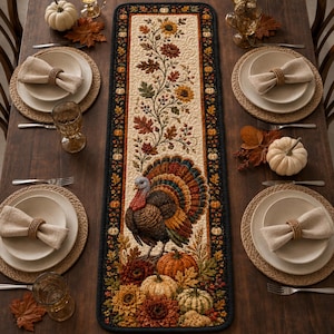 May include: A rectangular table runner featuring a central turkey, sunflowers, and pumpkins on a cream background with a black border. The runner is surrounded by four place settings, each with a white plate, a beige napkin, and a glass.