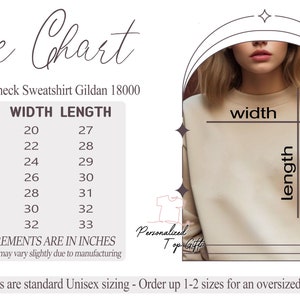 May include: Size chart for a Unisex Crewneck Sweatshirt Gildan 18000. Measurements are in inches. Sizes range from S (20" width, 27" length) to 4XL (32" width, 33" length). The shirt is standard Unisex sizing.