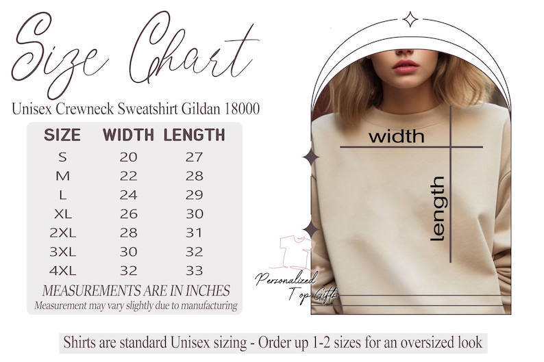 May include: Size chart for a Unisex Crewneck Sweatshirt Gildan 18000. Measurements are in inches. Sizes range from S (20" width, 27" length) to 4XL (32" width, 33" length). The shirt is standard Unisex sizing.