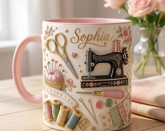 Personalized Sewing Mug, Custom Name Craft Tools Illustration Cup, Seamstress, Quilting Art Coffee Mug