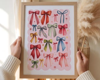 Colourful Bows Print Poster, Hand Drawn, Coquette Print, Bow Home Decor, Bows Art Print, Home Art Print, Girls Art Print, Girls Bedroom