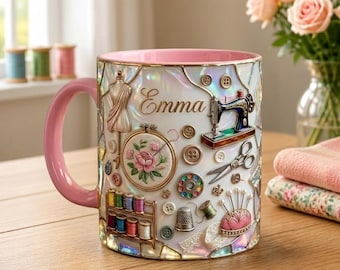 Personalized Sewing Mug, Custom Name Seamstress Gift, Iridescent Stained Glass Coffee Cup