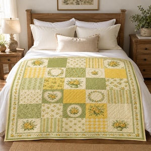 Yellow Rose Quilt Blanket, Cottagecore Floral Patchwork Bedding, Sage Green Farmhouse Throw, Spring Gift for Her