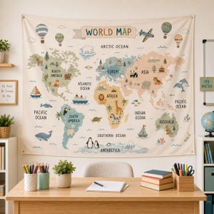 May include: A rectangular wall tapestry featuring a world map with muted pastel colors. The map displays continents, oceans, and various illustrations of animals, hot air balloons, ships, and an airplane. The text WORLD MAP is centered at the top.