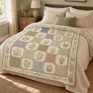 Wildflower Quilt Blanket, Vintage Botanical Patchwork Blanket, Cottagecore Bedding, Farmhouse Floral Decor, Garden Lover Gift