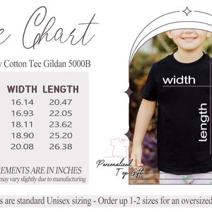 May include: Size chart for Kids Heavy Cotton Tee Gildan 5000B, with measurements in inches. The chart includes sizes XS to XL, detailing width and length. A child models a black t-shirt, illustrating how to measure the shirt's dimensions.