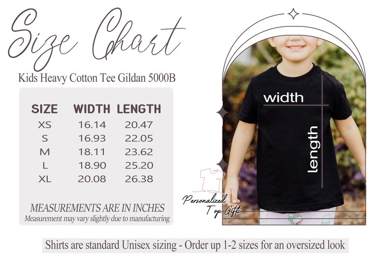 May include: Size chart for Kids Heavy Cotton Tee Gildan 5000B, with measurements in inches. The chart includes sizes XS to XL, detailing width and length. A child models a black t-shirt, illustrating how to measure the shirt's dimensions.