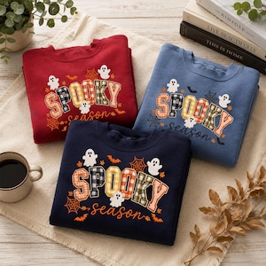 Spooky Season Embroidered Sweatshirt, Halloween Applique Crewneck, Ghost Bat Pumpkin Pullover, Vintage Fall Halloween Gift