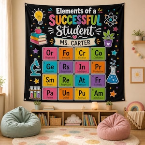 May include: A black wall tapestry titled Elements of a Successful Student Ms. Carter, featuring a periodic table design with colorful squares labeled with traits like Organized, Focused, and Creative, surrounded by science-themed icons.