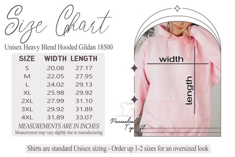 May include: A light pink Unisex Heavy Blend Hooded Gildan 18500 hoodie with a size chart. The chart shows width and length measurements in inches for sizes S through 4XL. The text says shirts are standard Unisex sizing.
