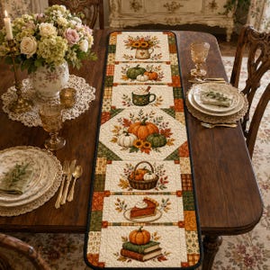 May include: A rectangular quilted table runner featuring a series of autumn-themed panels. The design includes illustrations of pumpkins, sunflowers, a basket of gourds, a slice of pumpkin pie, and books, all bordered by a patchwork of plaid fabric.