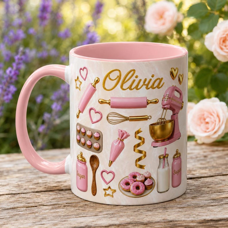 May include: A white ceramic mug with a pink interior and handle, featuring the name Olivia in gold script. The exterior displays gold and pink baking-themed illustrations including a stand mixer, rolling pin, whisk, piping bag, and donuts.
