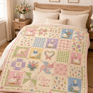 Personalized Duck Quilt Blanket, Custom Name Floral Patchwork Bedding, Cottagecore Baby Girl Nursery Gift