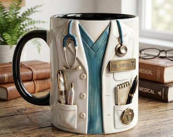 Personalized Doctor Mug, Custom Name Medical Coffee Cup, Faux 3D Stethoscope Design