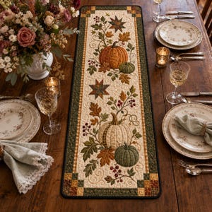 May include: A rectangular quilted table runner featuring an autumn-themed pattern with orange and white pumpkins, green gourds, brown leaves, red berries, and geometric star motifs on a cream background, bordered by a dark green and plaid trim.