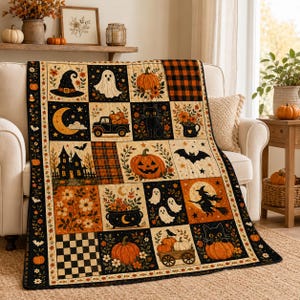 May include: A patchwork quilt featuring a Halloween theme with squares displaying pumpkins, ghosts, a black cat, a witch on a broomstick, a haunted house, a truck, and floral patterns in orange, black, and cream colors with a plaid border.
