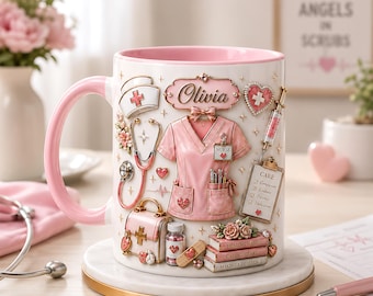 Personalized Nurse Mug, Pink Scrub Coffee Cup, RN LPN Graduation Gift