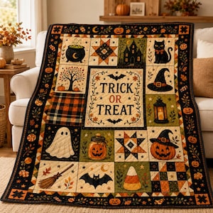 May include: A rectangular Halloween-themed quilt featuring a central panel with the text "TRICK OR TREAT" surrounded by blocks depicting a black cat, a haunted house, a ghost, a jack-o'-lantern, a witch hat, a broom, a bat, and candy corn.