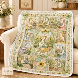 May include: A quilted throw blanket featuring a collage of illustrations depicting anthropomorphic ducks in various scenes, including gardening, baking, and tea parties, framed by a border of sunflowers and green gingham bows, measuring 50 x 60 inches.