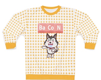 bacon, tableau périodique, mots éléments, jeux de mots, imprimé intégral, manches longues jaunes, sweat-shirt unisexe (AOP)